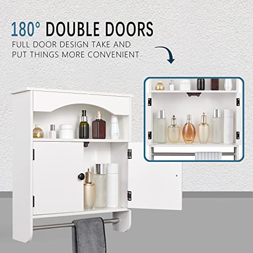 GREATMEET Wood Bathroom Cabinet with Towels Bar and 2 Shelves, Wood Towel Cabinet with 2 Doors, Medicine Wall Mounted Cabinets for Bathroom, Laundry Room, Kitchen, White