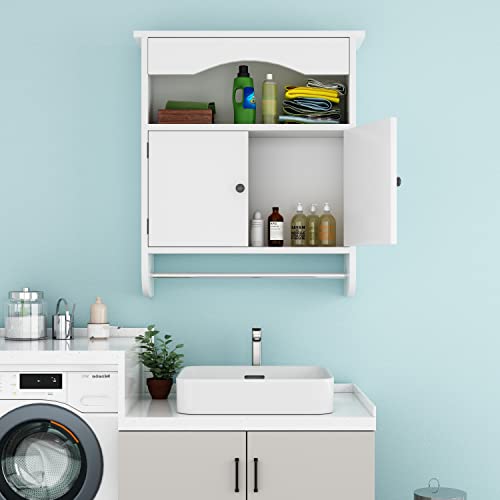 GREATMEET Wood Bathroom Cabinet with Towels Bar and 2 Shelves, Wood Towel Cabinet with 2 Doors, Medicine Wall Mounted Cabinets for Bathroom, Laundry Room, Kitchen, White