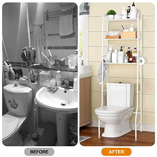 BHFOW Toilet Storage Rack, 3-Tier Over-The-Toilet Bathroom Spacesaver, Bathroom Shelf Organizer, Freestanding Above Toilet Rack with Hooks (White)