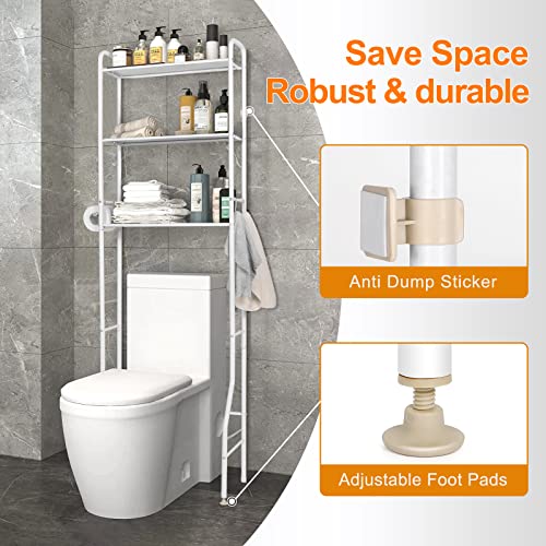 BHFOW Toilet Storage Rack, 3-Tier Over-The-Toilet Bathroom Spacesaver, Bathroom Shelf Organizer, Freestanding Above Toilet Rack with Hooks (White)