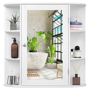 costway wall mounted bathroom cabinet - storage cabinet with mirror door & adjustable shelves, space-saving medicine storage organizer for living room kitchen entryway (white)