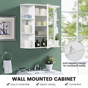 COSTWAY Wall Mounted Bathroom Cabinet - Storage Cabinet with Mirror Door & Adjustable Shelves, Space-Saving Medicine Storage Organizer for Living Room Kitchen Entryway (White)