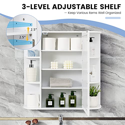 COSTWAY Wall Mounted Bathroom Cabinet - Storage Cabinet with Mirror Door & Adjustable Shelves, Space-Saving Medicine Storage Organizer for Living Room Kitchen Entryway (White)
