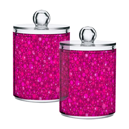 ALAZA 2 Pack Qtip Holder Dispenser Hot Pink Glitter Bathroom Organizer Canisters for Cotton Balls/Swabs/Pads/Floss,Plastic Apothecary Jars for Vanity