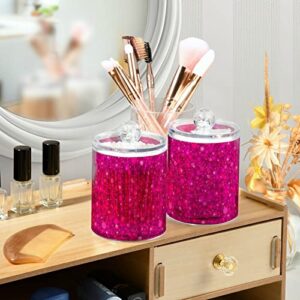 ALAZA 2 Pack Qtip Holder Dispenser Hot Pink Glitter Bathroom Organizer Canisters for Cotton Balls/Swabs/Pads/Floss,Plastic Apothecary Jars for Vanity