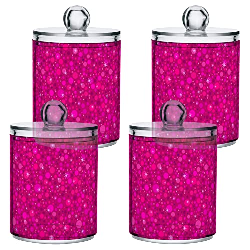 ALAZA 2 Pack Qtip Holder Dispenser Hot Pink Glitter Bathroom Organizer Canisters for Cotton Balls/Swabs/Pads/Floss,Plastic Apothecary Jars for Vanity