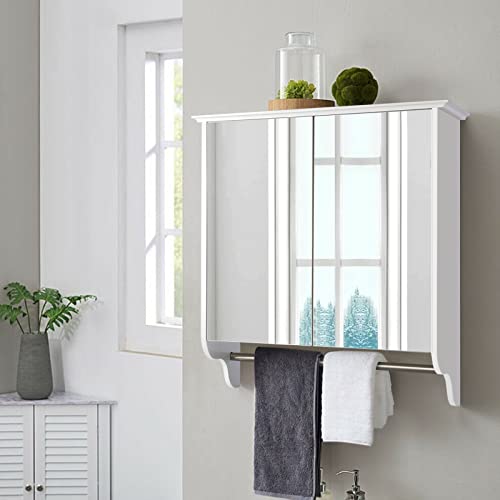 SMOOL Bathroom Medicine Cabinet with 2 Mirror Doors and Tower Rack, Wall Mounted Bathroom Cabinet Over The Toilet Storage, White