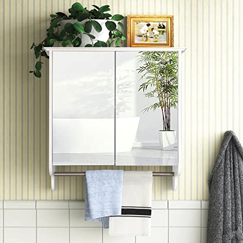 SMOOL Bathroom Medicine Cabinet with 2 Mirror Doors and Tower Rack, Wall Mounted Bathroom Cabinet Over The Toilet Storage, White