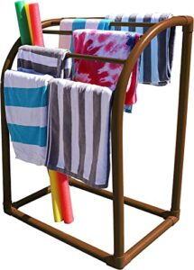 pool bins 5 bar outdoor towel rack - free standing poolside storage organizer - also stores floats, paddles and noodles, (23" l x 37.5" w x 49.5 h), brown