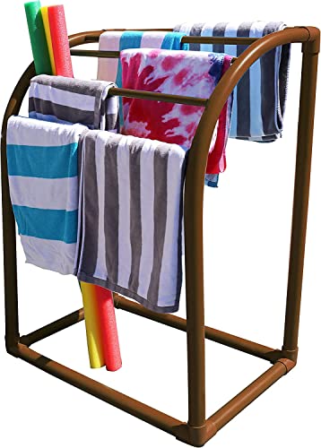 Pool Bins 5 Bar Outdoor Towel Rack - Free Standing Poolside Storage Organizer - Also Stores Floats, Paddles and Noodles, (23" L x 37.5" W x 49.5 H), Brown