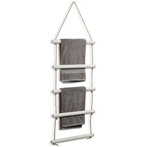 mygift whitewashed solid wood wall hanging towel holder ladder with 5 rungs and rustic rope, bathroom organizer drying hand towel rack