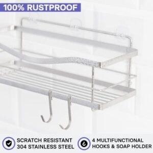 KINCMAX Shower Caddy and Soap Holder, Rustproof SUS304 Stainless Steel, Adhesive Wall Mount Double Baskets 3-pack with Hooks (Polished Silver)