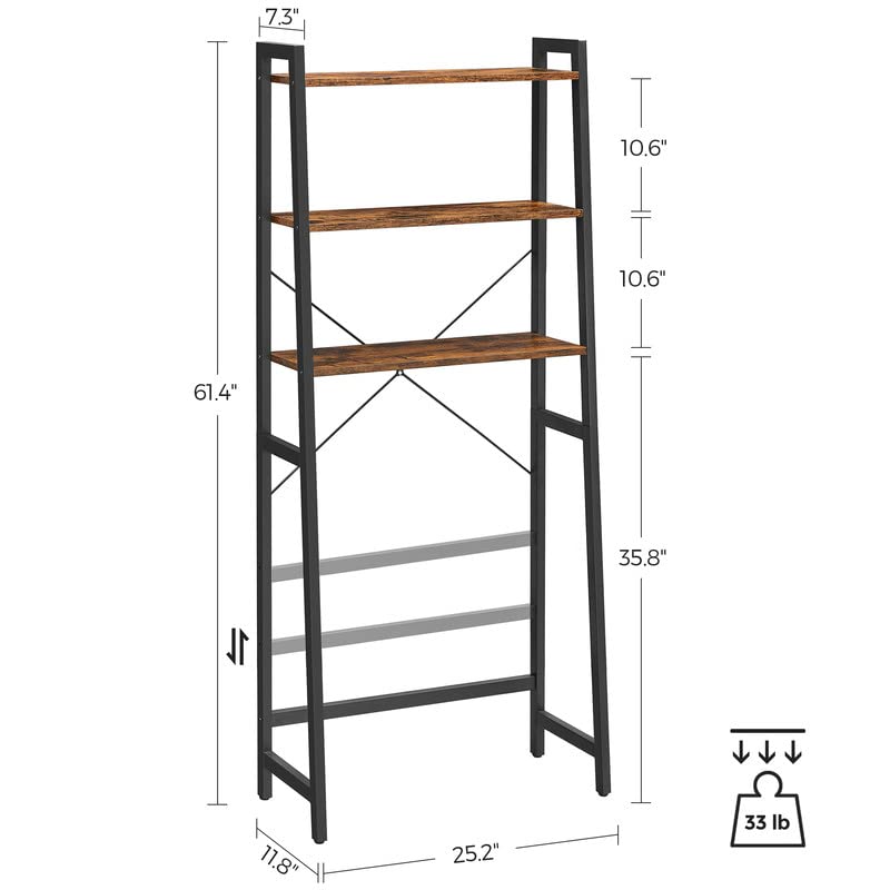 VASAGLE Over The Toilet Storage, 3-Tier Bathroom Storage Shelf, with Adjustable Bottom Stabilizer Bar, Space-Saving, Steel Frame, Industrial Style, Rustic Brown and Black UBTS005B01