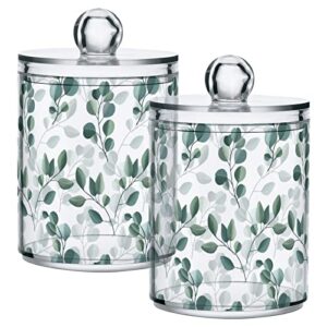 qtip holder dispenser 2 pack green watercolor floral leaves apothecary jars with lids bathroom vanity countertop canister storage organizer for cotton ball,swabs,pads,floss