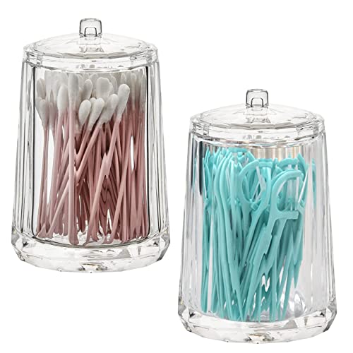 RAYYXP 2 Pack Qtips Holder 10 Oz Clear Plastic with Lid Cotton Swab Container Bathroom Apothecary Storage Jars, Vanity Countertop Canister for Qtips,Cotton Balls,Swabs,Round Pads,Makeup Sponges