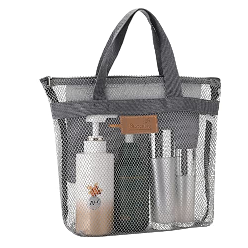 Mesh Shower Bag, Portable Shower Caddy Mesh Shower Caddy ToteQuick Dry Shower Tote Bag with Zipper & 2 Pockets for College Dorms Gym Swimming Beach Travel Sports Games 10.6 * 7.8 Inch (Grey)