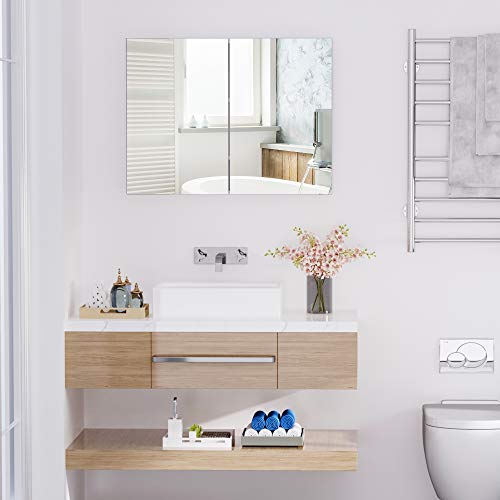 HOMCOM Double Door Wall Mounted Bathroom Mirror, 31.5" x 23.5" Medicine Cabinet with Modern Design, Large Storage, & Quiet Hinges