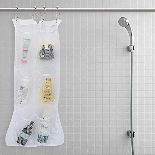 Hanging Mesh Bath Quick Dry Hanging Caddy Bath Organizer Hang on Shower Curtain Mesh Shower Caddy Space Saver(Clip Hook)