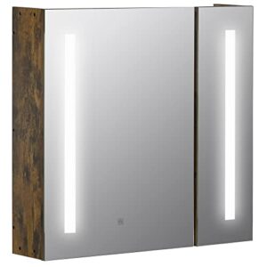 kleankin 27.5 inch x 25.5 inch led lighted medicine cabinet with mirror, wall mounted dimmable bathroom cabinet with 3-tier storage shelves, smart touch, and usb charge, dark wood grain