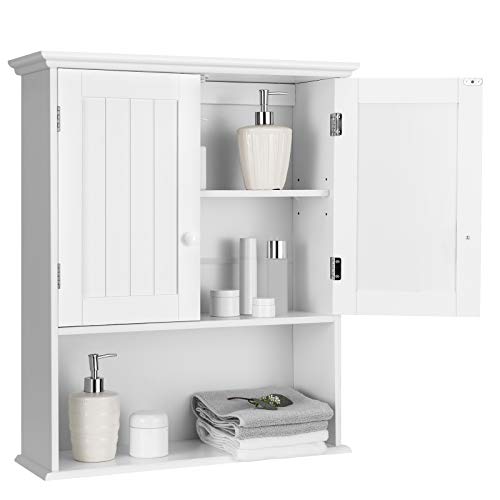 GOFLAME Bathroom Wall Cabinet, 2-Door Toilet Cabinet with Hanging Design, Wooden Medicine Cabinet with Height Adjustable Shelf, Wall Mount Cabinet with Large Storage Space (White)