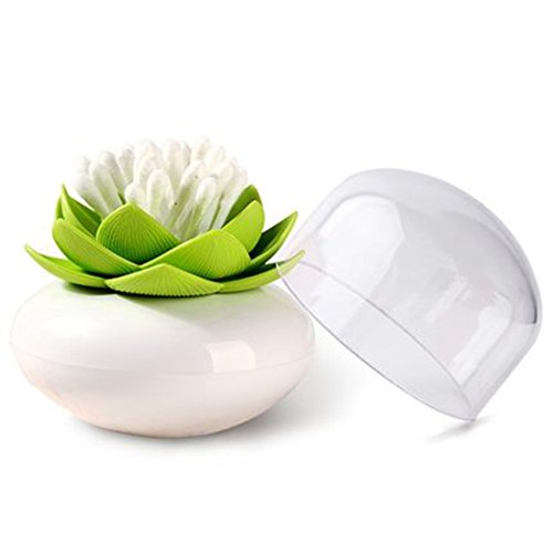 MaxS Lotus Cotton Swab Holder Small Toothpicks Q-tips Storage Organizer Canister Jar for Swabs Cosmetic Pads - White