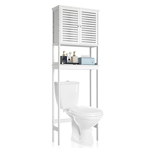 ADUZA Bamboo Over The Toilet Bathroom Storage Cabinet with 2 Doors, Freestanding Toilet Rack with Adjustable Shelves Space-Saving 67 Inches Height White