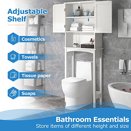 Merax Toilet Storage Shelf with Adjustable Shelves and Two Doors for Home, Bathroom Organizer Space Saver, White