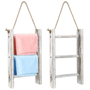 2 pcs hand towel ladder 3 tier wall hanging towel ladder wooden farmhouse towel stand mini tea towel ladder rustic hand towel storage rack with top rope for whitewashed towel ladder