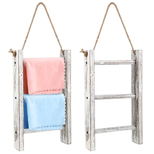 2 Pcs Hand Towel Ladder 3 Tier Wall Hanging Towel Ladder Wooden Farmhouse Towel Stand Mini Tea Towel Ladder Rustic Hand Towel Storage Rack with Top Rope for Whitewashed Towel Ladder