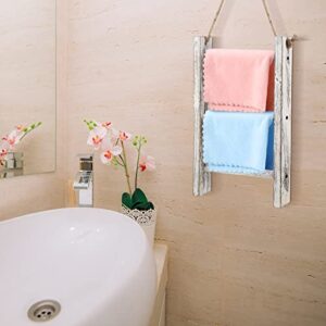 2 Pcs Hand Towel Ladder 3 Tier Wall Hanging Towel Ladder Wooden Farmhouse Towel Stand Mini Tea Towel Ladder Rustic Hand Towel Storage Rack with Top Rope for Whitewashed Towel Ladder