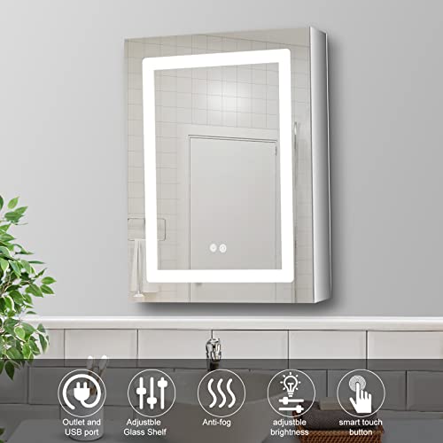 DURLDENG Lighted Medicine Cabinet with Outlet，20x26 Inch Recessed Or Surface Bathroom Medicine Cabinet with Mirror Lights,Led Lighted Medicine Cabinet Mirror Wall Mounted,Anti-Fog,Dimmable,3 Shelves