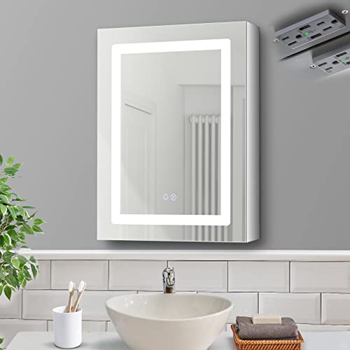 DURLDENG Lighted Medicine Cabinet with Outlet，20x26 Inch Recessed Or Surface Bathroom Medicine Cabinet with Mirror Lights,Led Lighted Medicine Cabinet Mirror Wall Mounted,Anti-Fog,Dimmable,3 Shelves