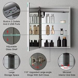 DURLDENG Lighted Medicine Cabinet with Outlet，20x26 Inch Recessed Or Surface Bathroom Medicine Cabinet with Mirror Lights,Led Lighted Medicine Cabinet Mirror Wall Mounted,Anti-Fog,Dimmable,3 Shelves