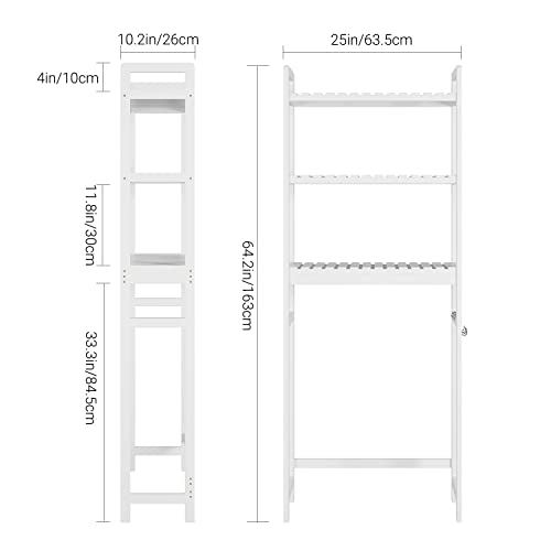 Bamboo Over-The-Toilet Storage Rack, 3-Tier Bathroom Organizer Over Toilet with 6 Hooks, Bathroom Freestanding Shelf for Home, Kitchen, 24.4” L X 10.24” W X 64.17” H, White