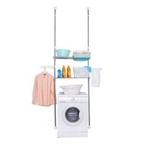 baoyouni 2-layer expandable laundry shelf over washing machine storage rack tension pole space saver bathroom organizer with towels clothes hanger hook, ivory