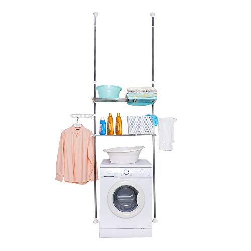 BAOYOUNI 2-Layer Expandable Laundry Shelf Over Washing Machine Storage Rack Tension Pole Space Saver Bathroom Organizer with Towels Clothes Hanger Hook, Ivory