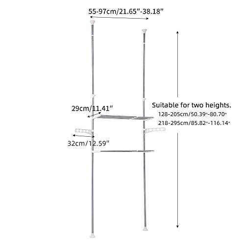 BAOYOUNI 2-Layer Expandable Laundry Shelf Over Washing Machine Storage Rack Tension Pole Space Saver Bathroom Organizer with Towels Clothes Hanger Hook, Ivory
