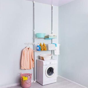 BAOYOUNI 2-Layer Expandable Laundry Shelf Over Washing Machine Storage Rack Tension Pole Space Saver Bathroom Organizer with Towels Clothes Hanger Hook, Ivory