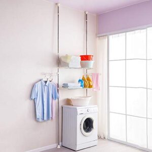 BAOYOUNI 2-Layer Expandable Laundry Shelf Over Washing Machine Storage Rack Tension Pole Space Saver Bathroom Organizer with Towels Clothes Hanger Hook, Ivory