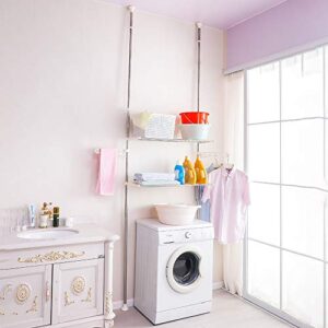 BAOYOUNI 2-Layer Expandable Laundry Shelf Over Washing Machine Storage Rack Tension Pole Space Saver Bathroom Organizer with Towels Clothes Hanger Hook, Ivory