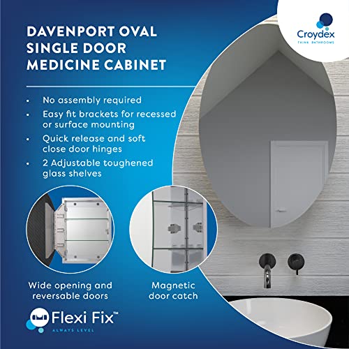 Croydex Davenport Oval, Recessed or Surface Mount, Hang 'n' Lock Easy Installation Medicine Cabinet, 21W x 31H, Aluminum