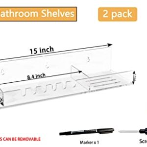 Hexsonhoma Acrylic Bathroom Shelves Organizer with Hooks Set of 2, Clear Floating Shelf for Shower Caddy, Wall Mounting Storage Shelves for Toiletries, Towels, Necklace, Soap