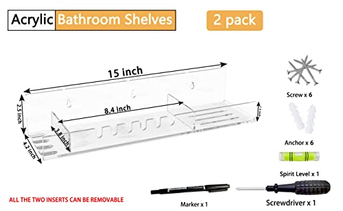 Hexsonhoma Acrylic Bathroom Shelves Organizer with Hooks Set of 2, Clear Floating Shelf for Shower Caddy, Wall Mounting Storage Shelves for Toiletries, Towels, Necklace, Soap