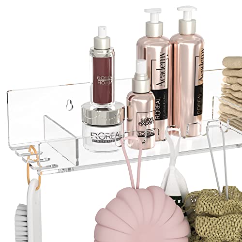 Hexsonhoma Acrylic Bathroom Shelves Organizer with Hooks Set of 2, Clear Floating Shelf for Shower Caddy, Wall Mounting Storage Shelves for Toiletries, Towels, Necklace, Soap