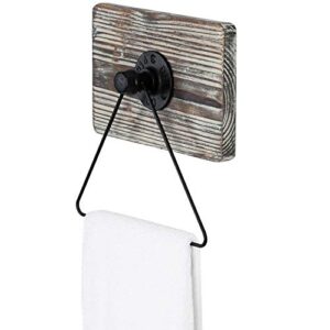 mygift wall mounted industrial black metal triangle bath hand towel ring with solid torched wood backing, rustic design hand towel holder