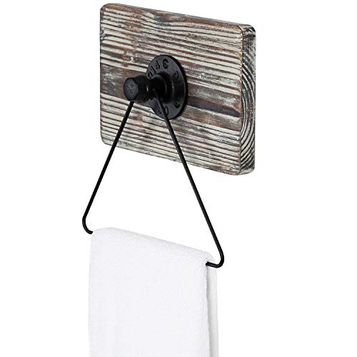 MyGift Wall Mounted Industrial Black Metal Triangle Bath Hand Towel Ring with Solid Torched Wood Backing, Rustic Design Hand Towel Holder