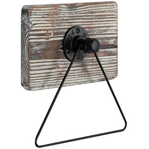 MyGift Wall Mounted Industrial Black Metal Triangle Bath Hand Towel Ring with Solid Torched Wood Backing, Rustic Design Hand Towel Holder