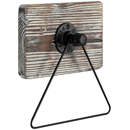 MyGift Wall Mounted Industrial Black Metal Triangle Bath Hand Towel Ring with Solid Torched Wood Backing, Rustic Design Hand Towel Holder