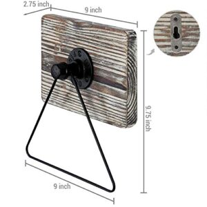 MyGift Wall Mounted Industrial Black Metal Triangle Bath Hand Towel Ring with Solid Torched Wood Backing, Rustic Design Hand Towel Holder