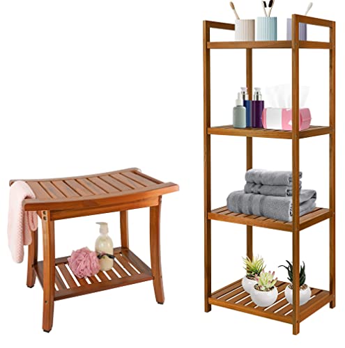 Utoplike Teak Shower Bench Seat with Handles and Teak Bathroom Shelf Organizer Freestanding Set